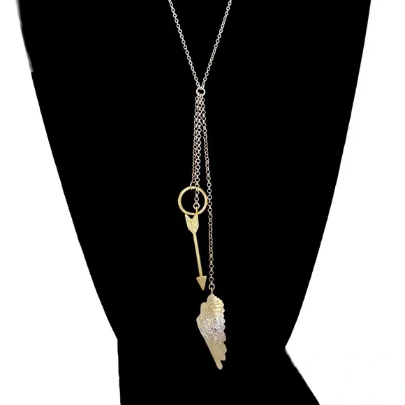 BANANA REPUBLIC | Two-tone Y-Drop Circle, Arrow & Feather Pendant Necklace | NWT - Picture 2 of 7